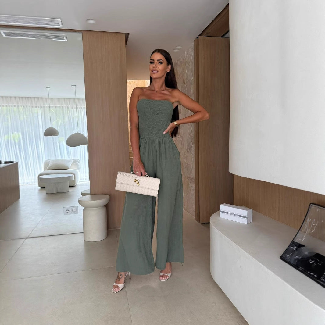Strapless Smocked Wide-Leg Jumpsuit
